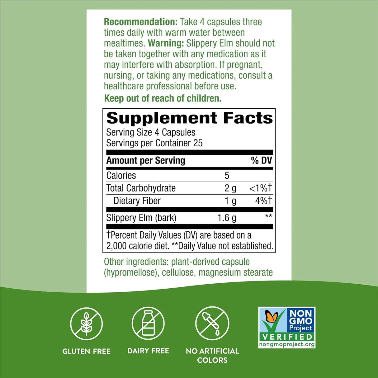 Nature's Way Slippery Elm Bark 1600mg, 100 Vegan Capsules