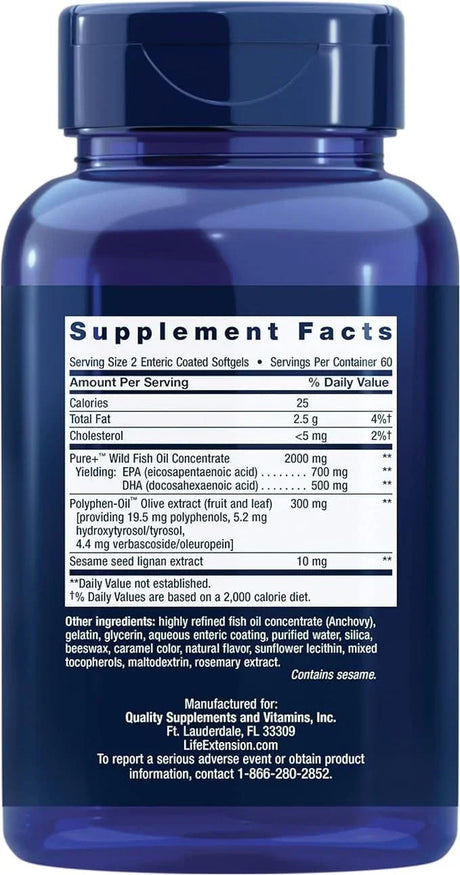Life Extension Super Omega-3 EPA/DHA Fish Oil, Sesame Lignans & Olive Extract, 120 Enteric Coated Softgels