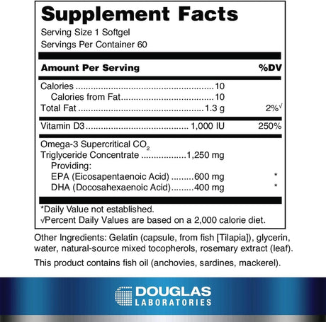 Douglas Labs Quell Fish Oil, High EPA+DHA w/ Vitamin D3, 60 softgels