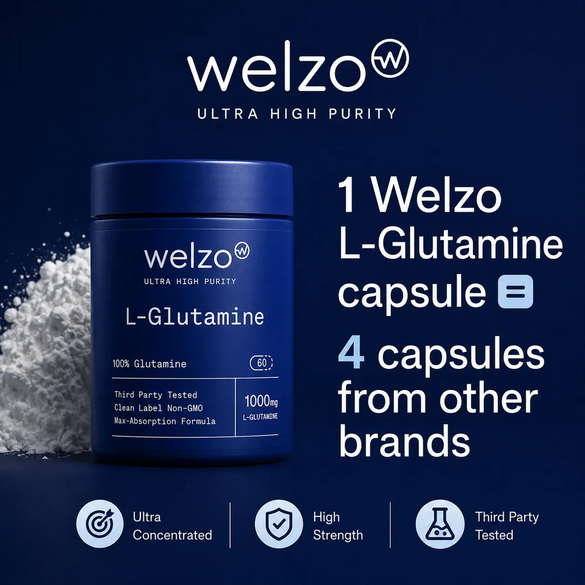 Ultra Purity L-Glutamine amino acid capsules for gut and recovery – view 3
