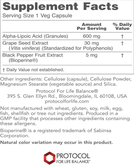 Protocol For Life Balance Alpha-Lipoic Acid 600mg 60 caps