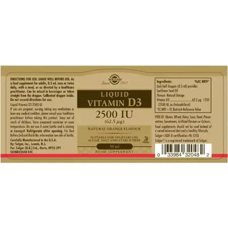 Solgar Liquid Vitamin D3 2500 IU (62.5 ug) Natural Orange Flavour 59ml