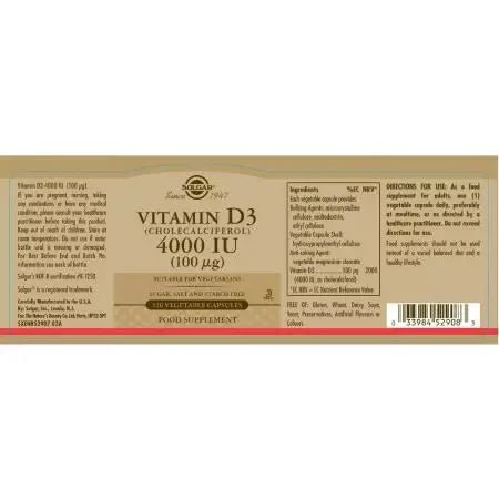 Solgar Vitamin D3 (Cholecalciferol) 4000 IU (100 ug) Vegetable Capsules Pack