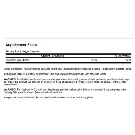 Swanson Iron Citrate 25mg 60 Veg Capsules