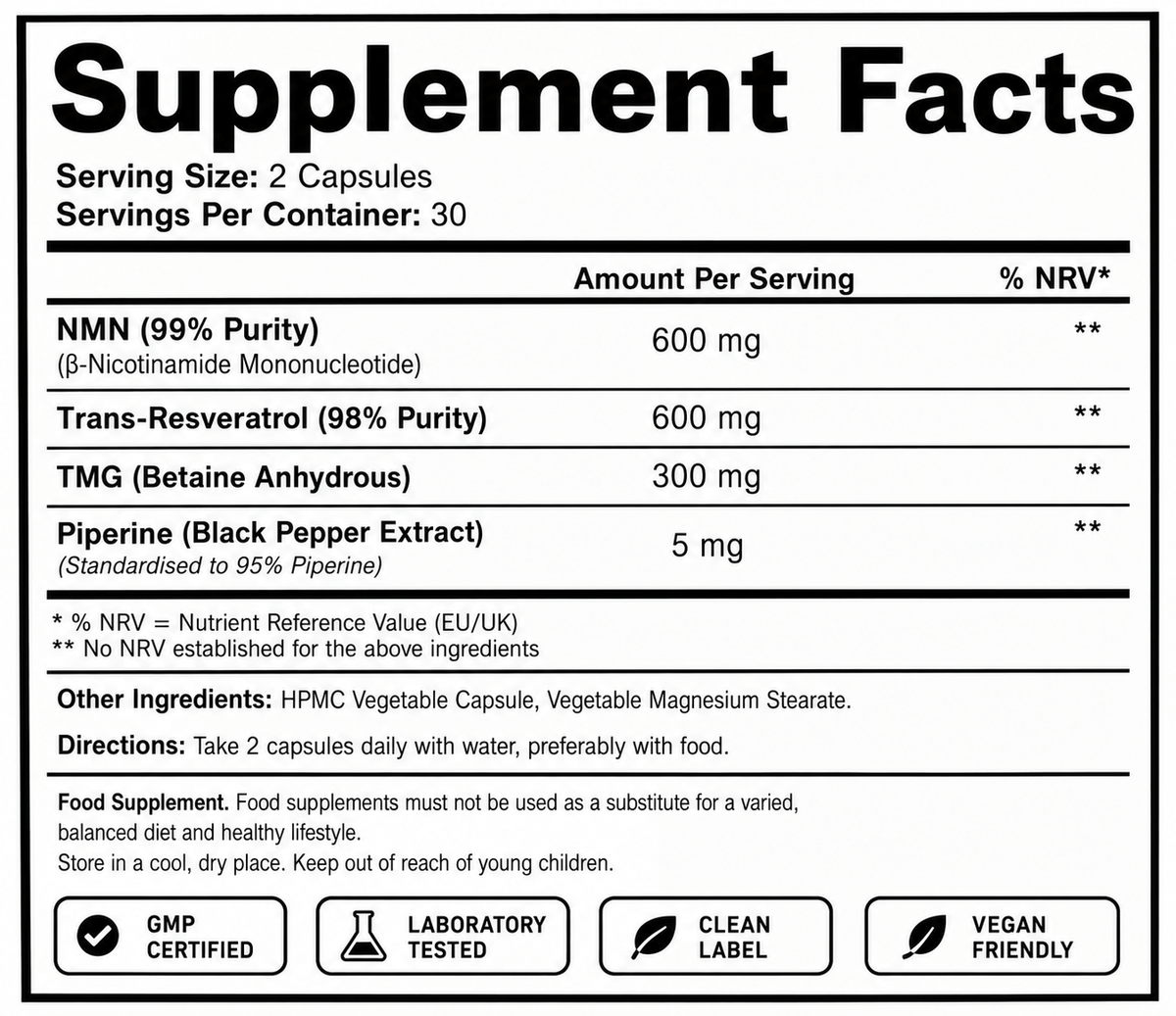 Ultra Purity Longevity Elite NMN resveratrol TMG piperine capsules – view 10