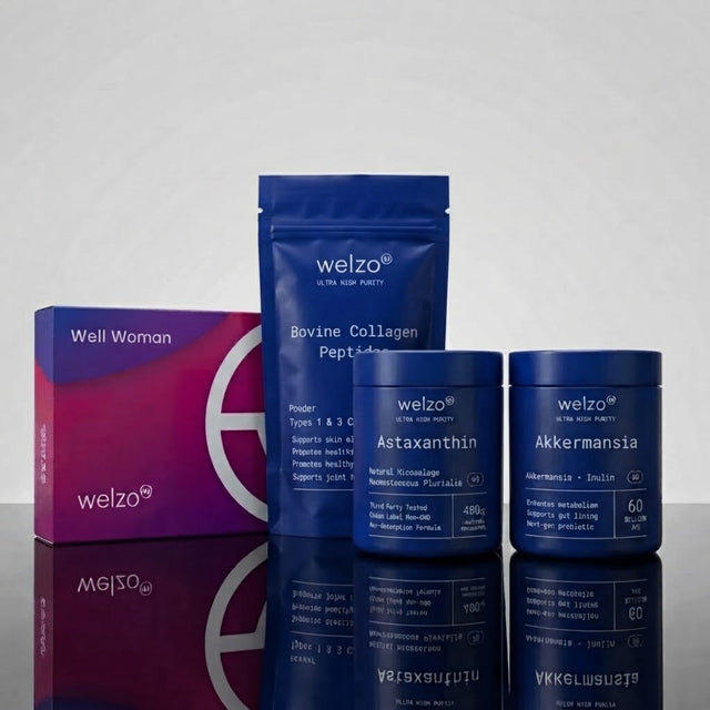Welzo hair skin nails bundle collagen astaxanthin akkermansia well woman test